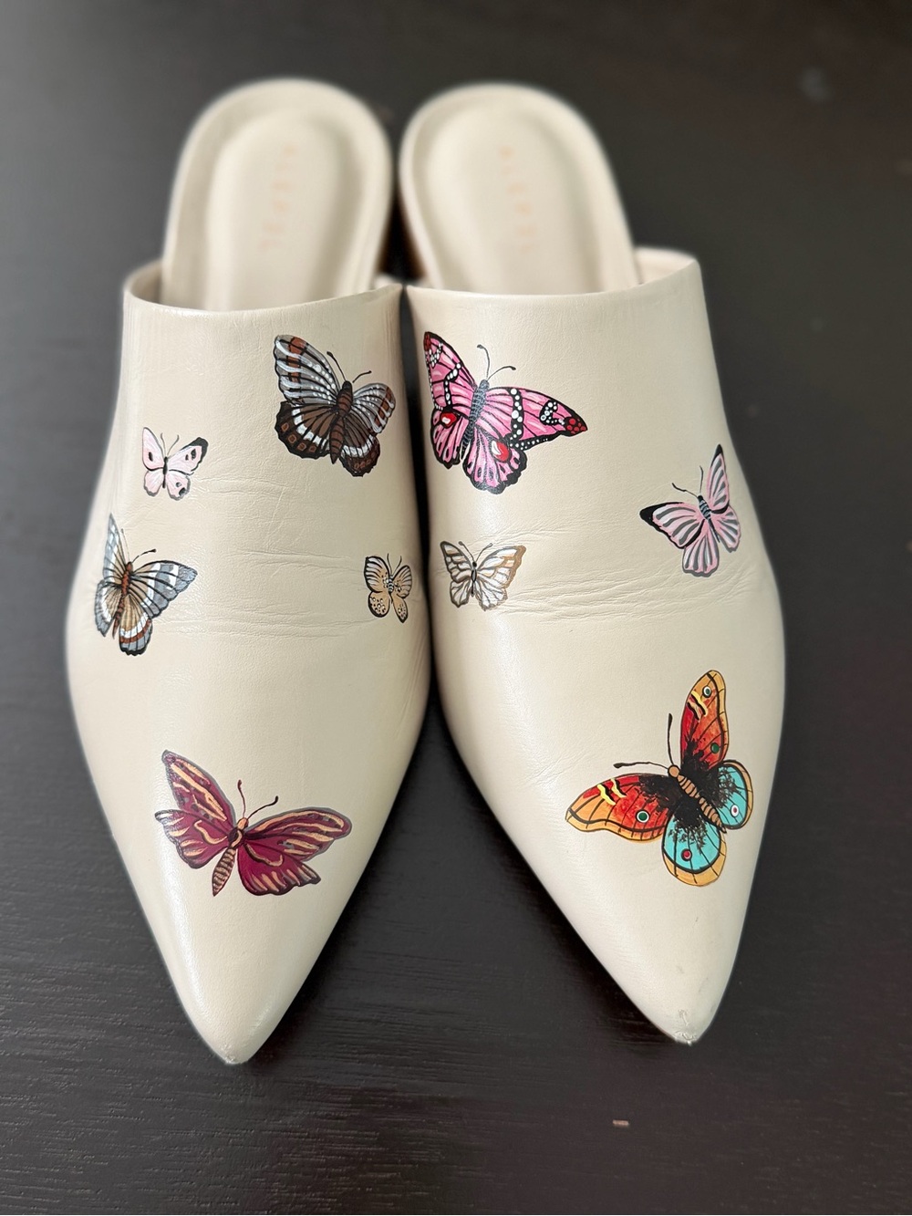 Cream Butterfly-Print Leather Mules